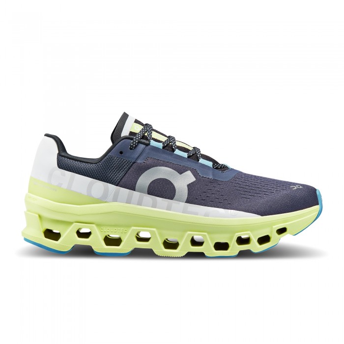 On Cloudmonster men running shoes Iron blue white Hay yellow light gray